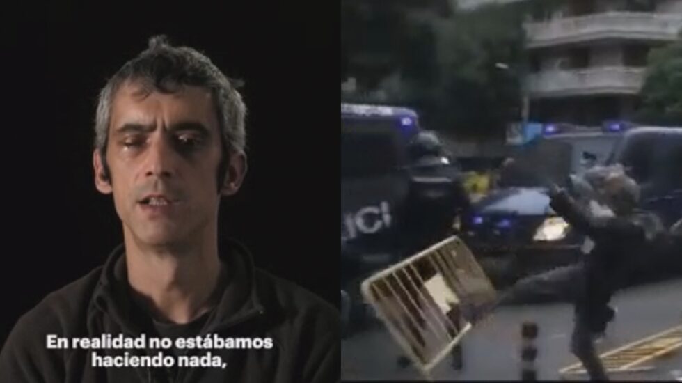 Roger Español dando su versión de los hechos y una imagen en la que se aprecia cómo lanza una valla contra un agente de la Policía Nacional.