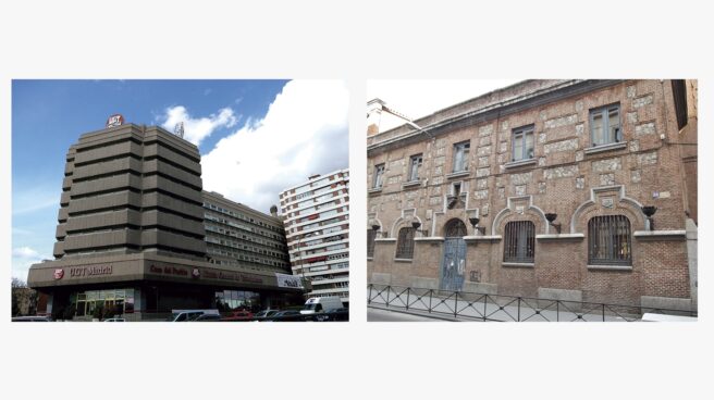 La nueva sede de UGT en la Avenida de América (izquierda) y el histórico edificio de la calle Hortaleza (derecha).