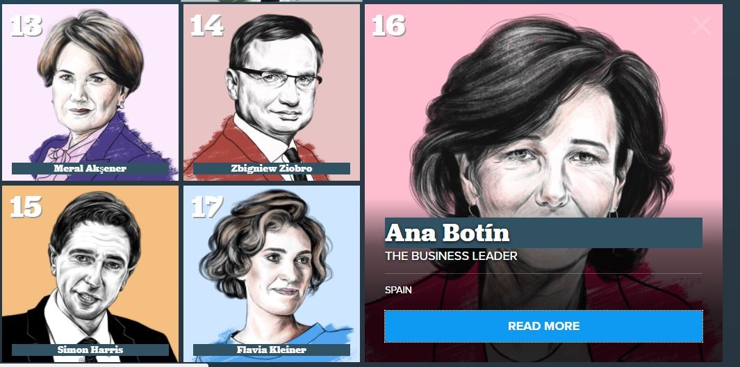 Captura del ranking elaborado por Politico para 2018, con Ana Botín en el puesto 16.