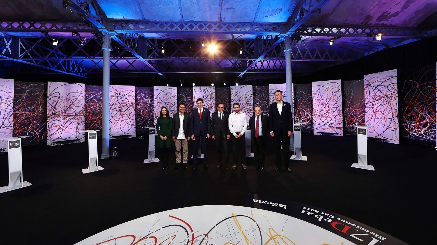 Debate electoral organizado por La Sexta, con los candidatos Josep Rull (JxCat), Carles Mundó (ERC), Inés Arrimadas (Ciudadanos), Miquel Iceta (PSC), Xavier Domènech (Catalunya en Comú-Podem), Xavier García Albiol (PPC) y Vidal Aragonés (CUP), esta noche en Barcelona.
