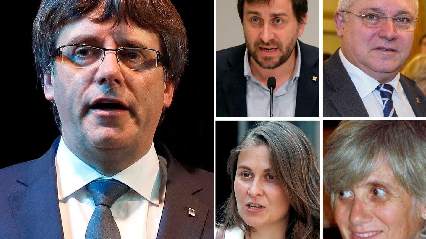 Carles Puigdemont , Antoni Comin, Lluís Puig, Meritxell Serret y Clara Ponsatí, de izqda. a dcha. y de arriba abajo.