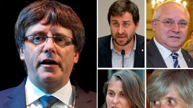 Carles Puigdemont , Antoni Comin, Lluís Puig, Meritxell Serret y Clara Ponsatí, de izqda. a dcha. y de arriba abajo.