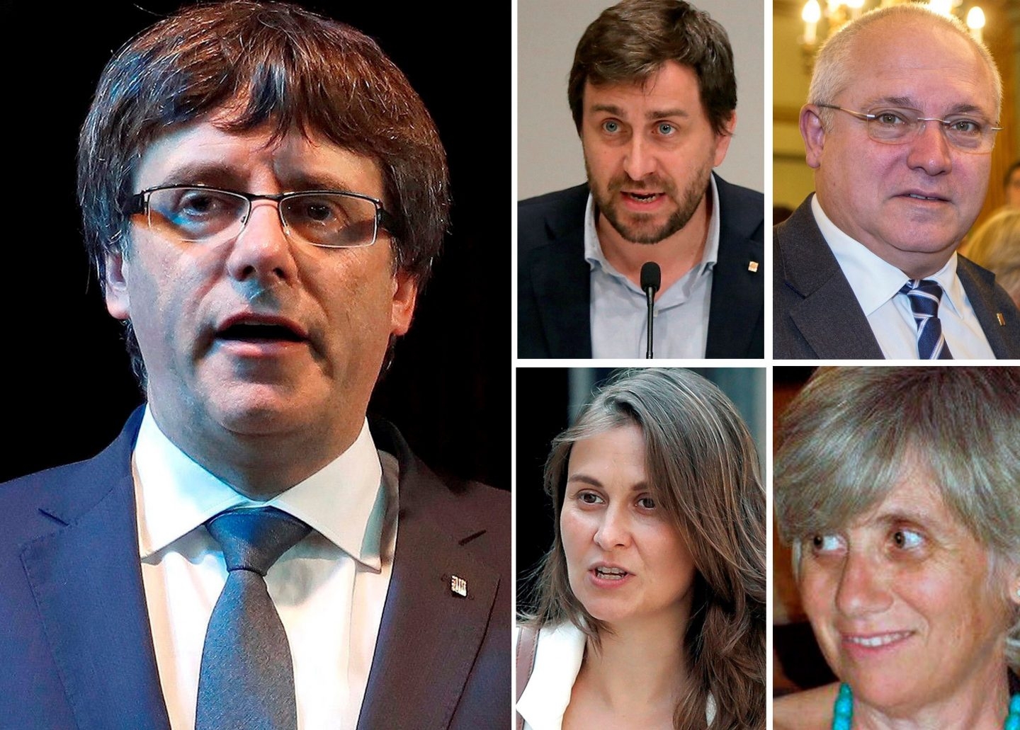 Carles Puigdemont , Antoni Comin, Lluís Puig, Meritxell Serret y Clara Ponsatí, de izqda. a dcha. y de arriba abajo.