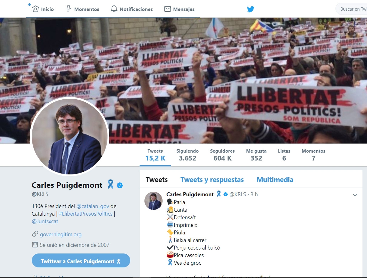 Perfil de Twitter de Carles Puigdemont.