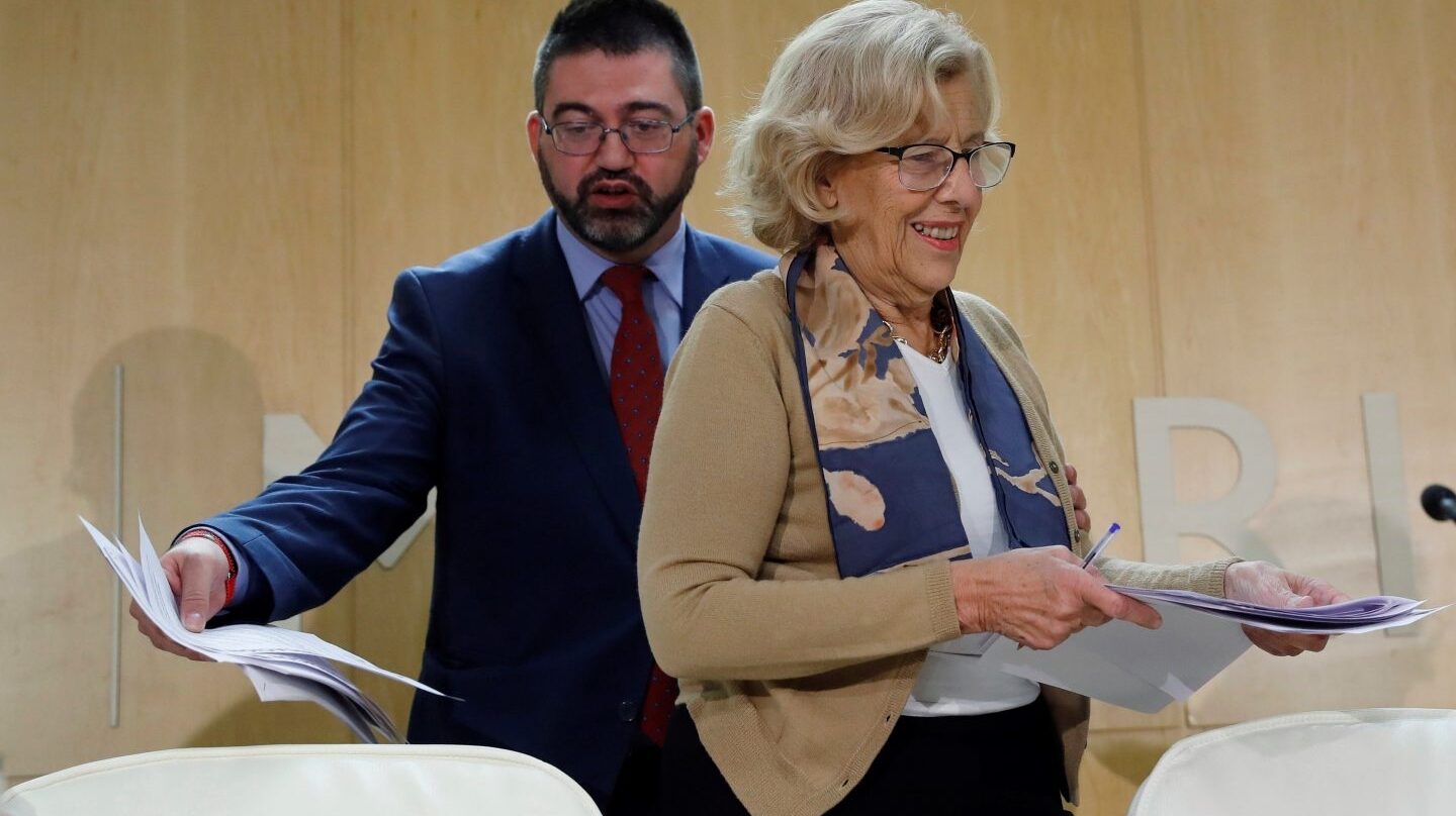 Sánchez Mato y Carmena. en una comparecencia en el Ayuntamiento de Madrid.