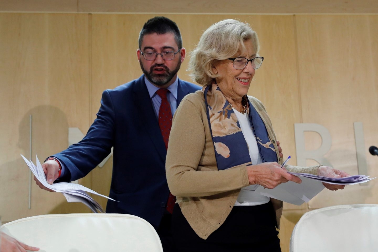 Sánchez Mato y Carmena. en una comparecencia en el Ayuntamiento de Madrid.