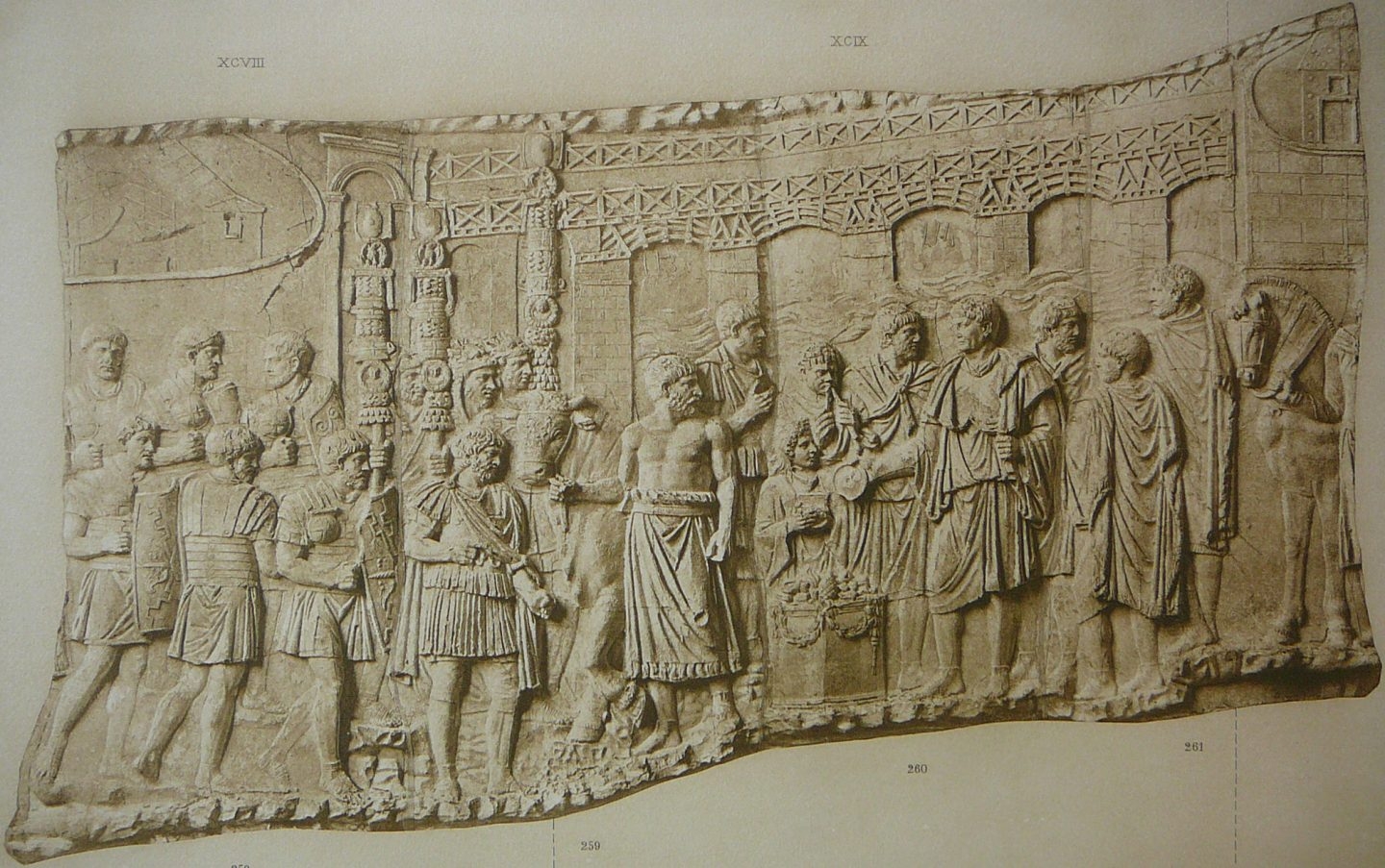 Boceto de la columna de Trajano donde aparece el puente de Apolodoro sobre el Danubio