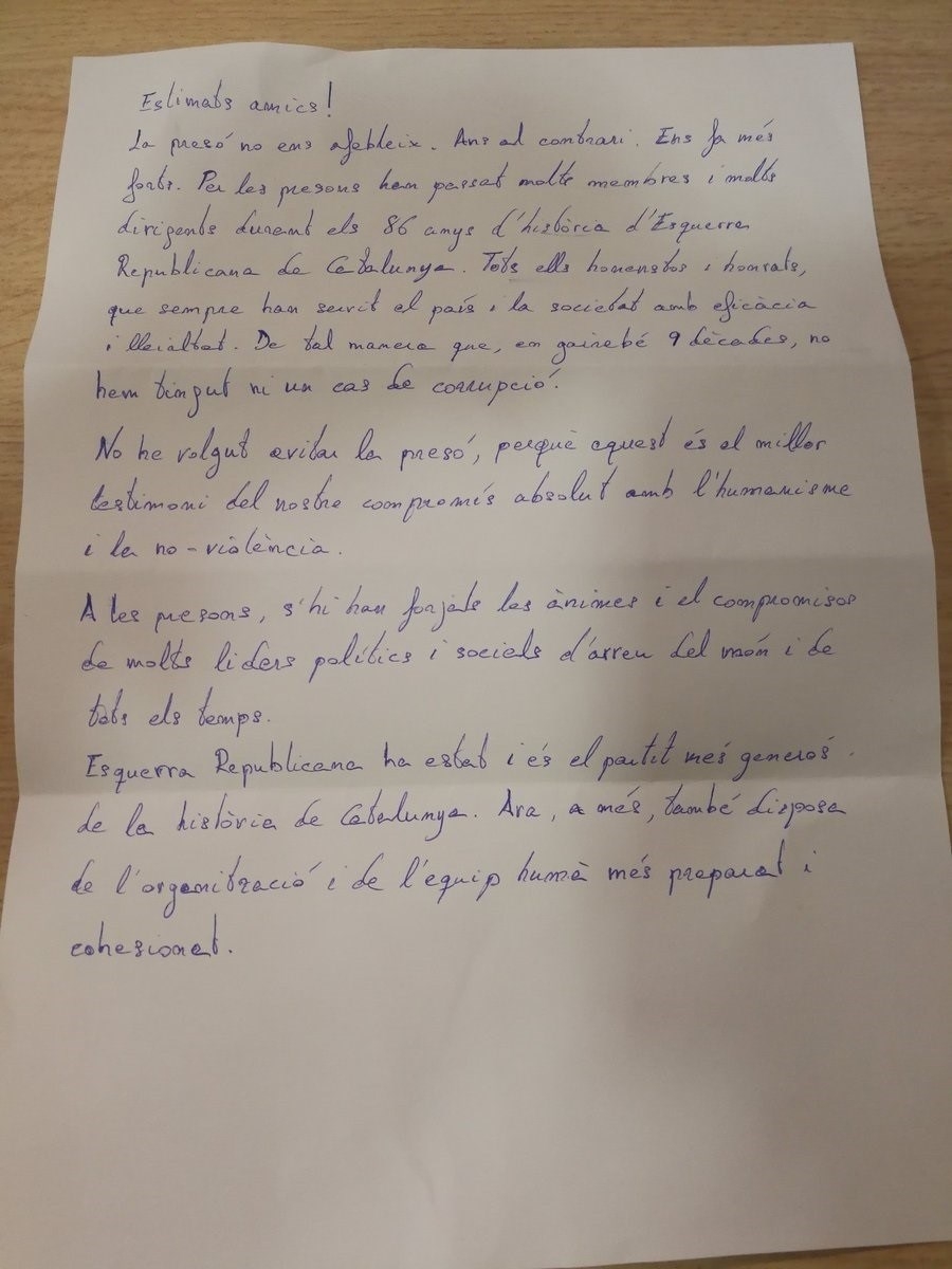 Carta de Junqueras desde prisión.
