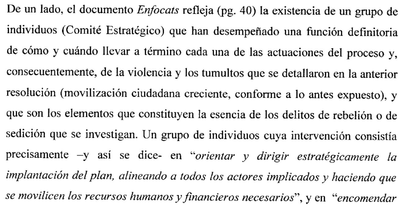 Detalle del auto de Llarena en el que alude al documento 'Enfocats'.