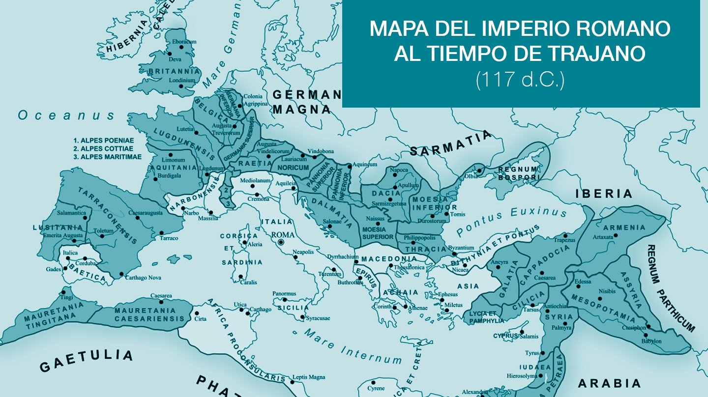 Mapa del imperio romano al tiempo de Trajano (117 a.C.)