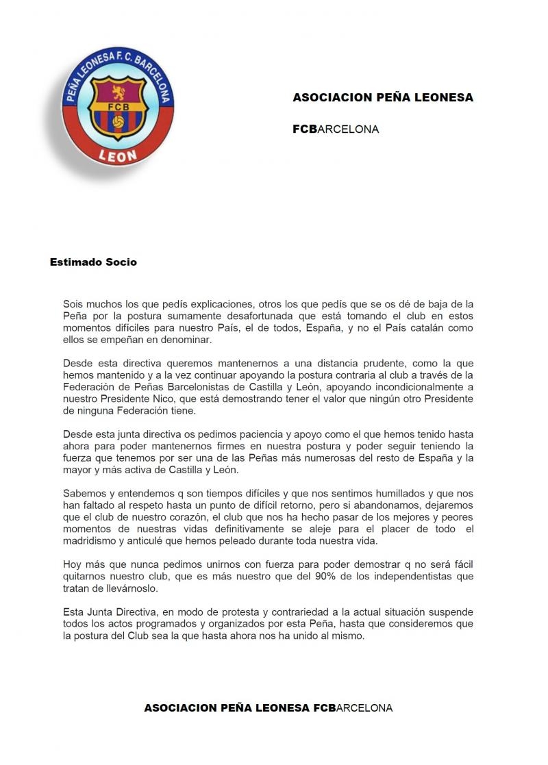 Comunicado emitido a sus socios por la Peña Leonesa tras la postura del Barça ante el referéndum.