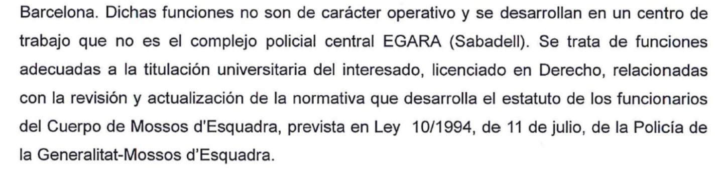 Respuesta del Ministerio del Interior sobre la labor encomendada al ex mayor de los Mossos Josep Lluís Trapero.