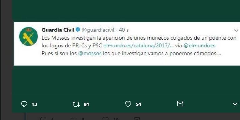 Polémica por un tuit de la Guardia Civil contra los Mossos por el simulacro de asesinato