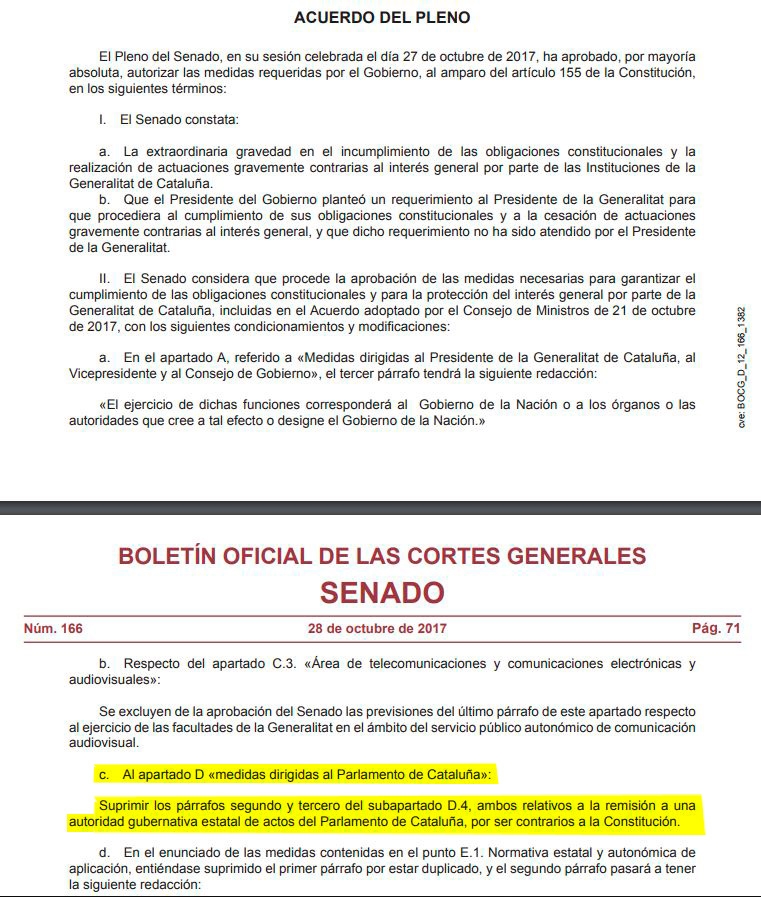 Texto final sobre la aplicación del 155 aprobado por el Senado.