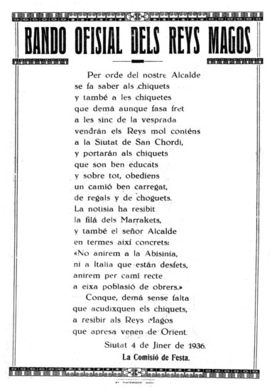 Bando anunciador de la llegada de los Reyes Magos en enero de 1936, última cabalgata celebrada antes de la Guerra Civil, y que no se recuperó hasta 1940. En 1937 y 1938 esta cabalgata fue sustituida por la “Fiesta de la Infancia”.