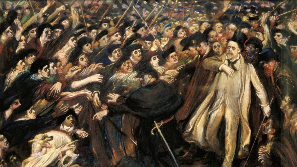"Zola, ultrajado", cuadro del pintor Henry de Groux, retratando la salida del escritor Emile Zola del tribunal donde fue juzgado por su artículo "J'Acusse", sobre el caso Dreyfus.