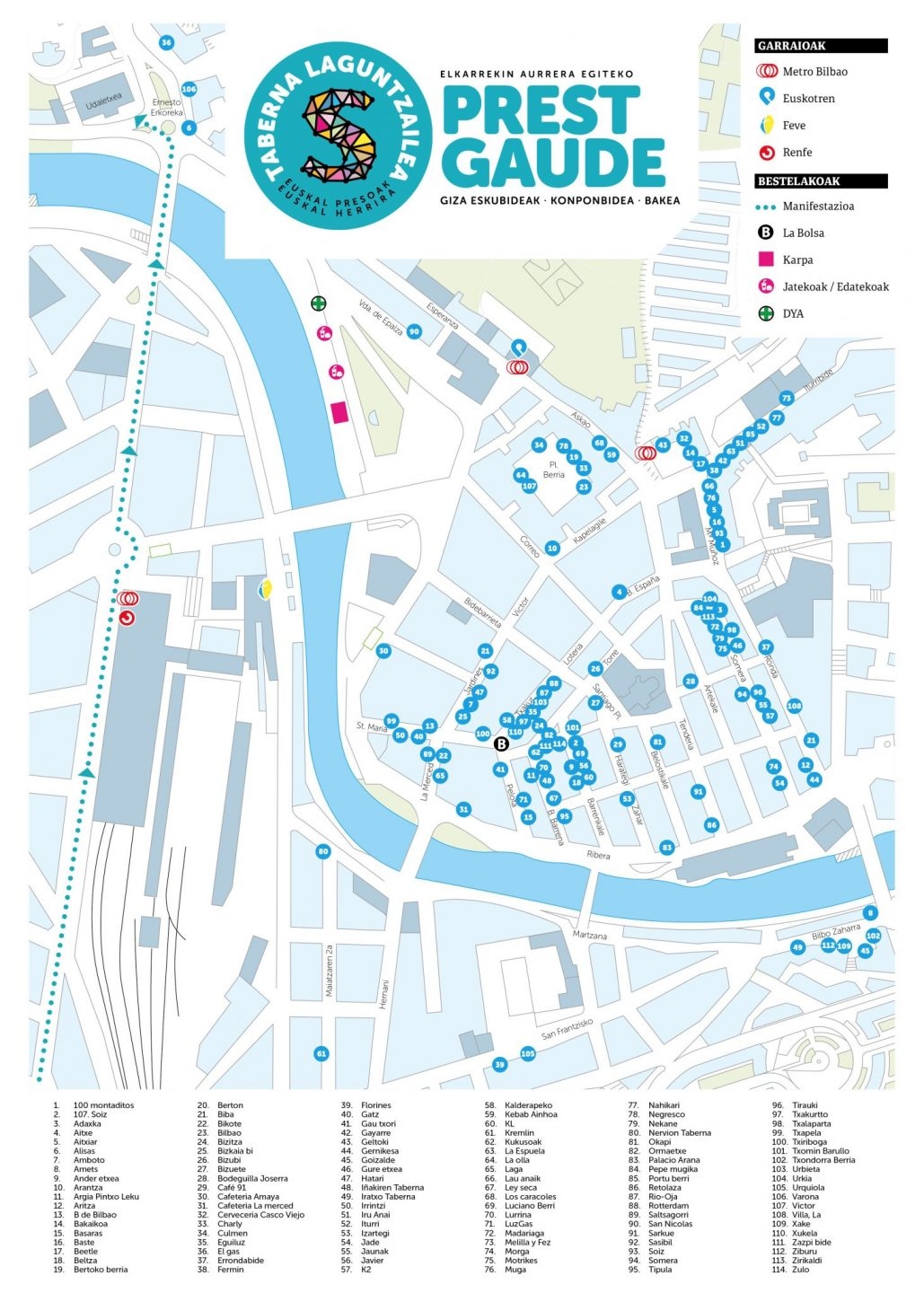 Mapa con el listado de bares publicado por los organizadores de la marcha de apoyo a presos de ETA celebrada ayer en Bilbao.