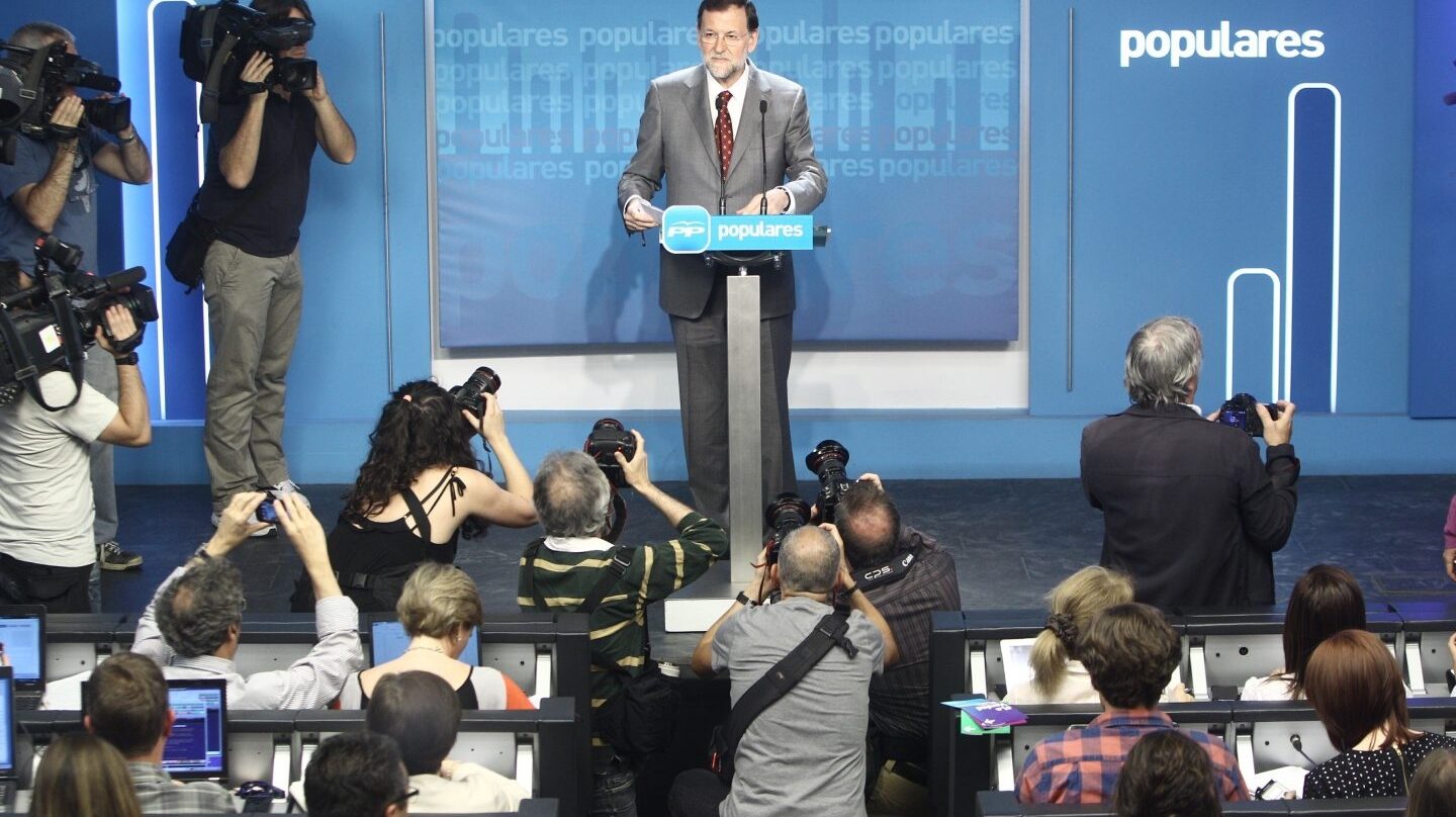 Rueda de prensa de Rajoy en la sede del PP en mayo de 2012.