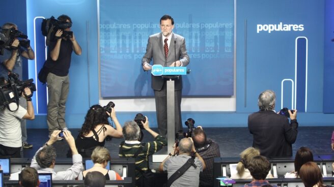 Rueda de prensa de Rajoy en la sede del PP en mayo de 2012.