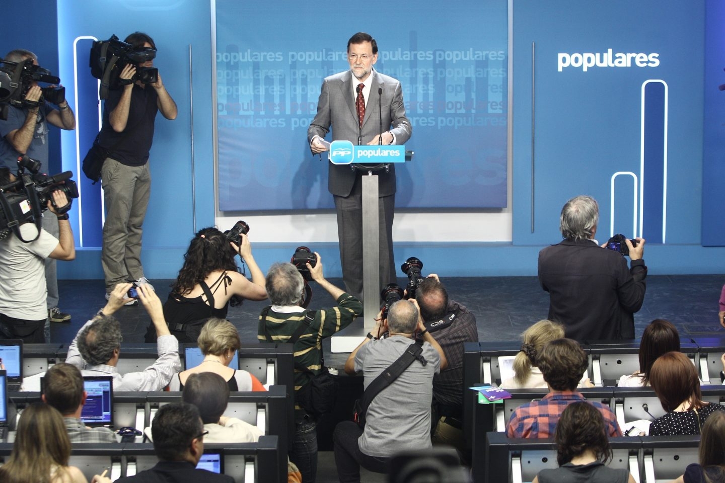 Rueda de prensa de Rajoy en la sede del PP en mayo de 2012.