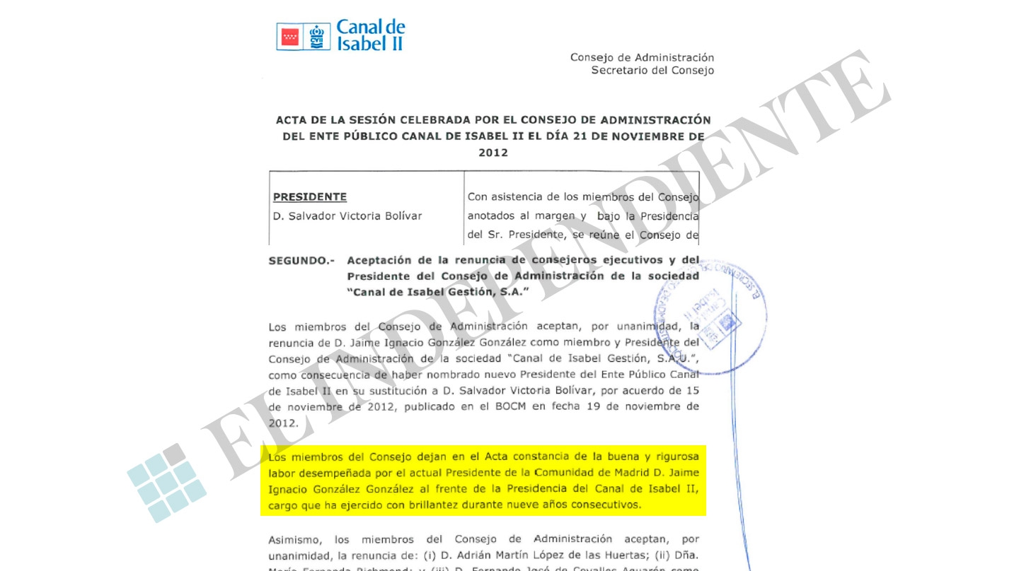 Acta de la sesión en la que los consejeros del Canal de Isabel II hacen constar la "brillantez" de la gestión de Ignacio González.