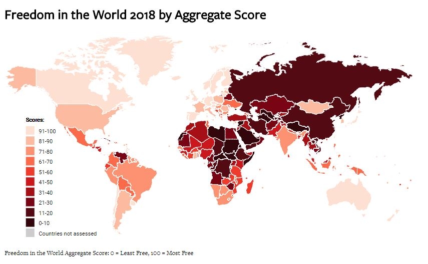 Mapa de libertad en el mundo, por puntuación total.