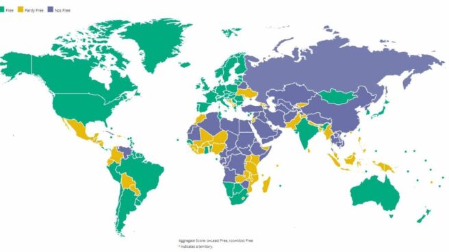 Mapa de libertades en el mundo, edición 2018, elaborado por la organización Freedom House.
