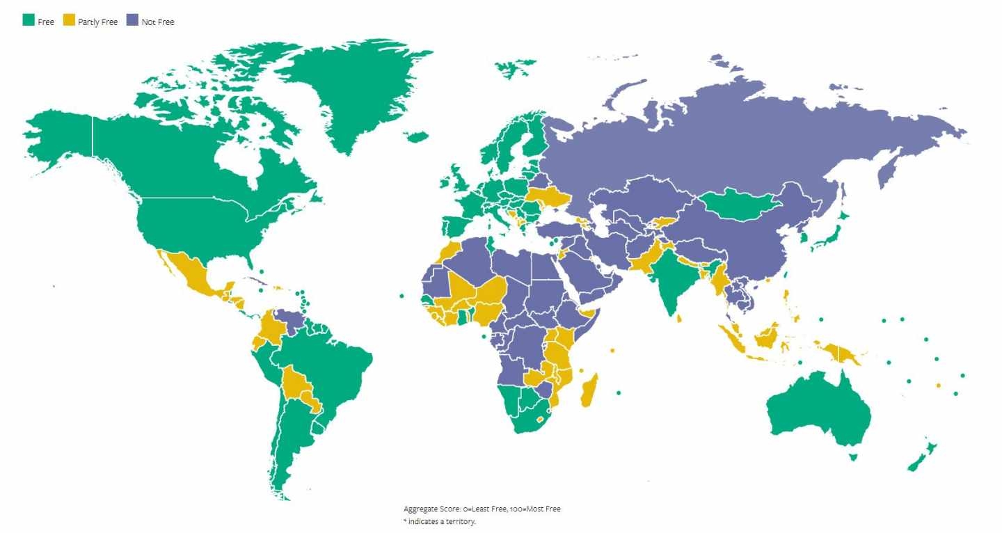 Mapa de libertades en el mundo, edición 2018, elaborado por la organización Freedom House.