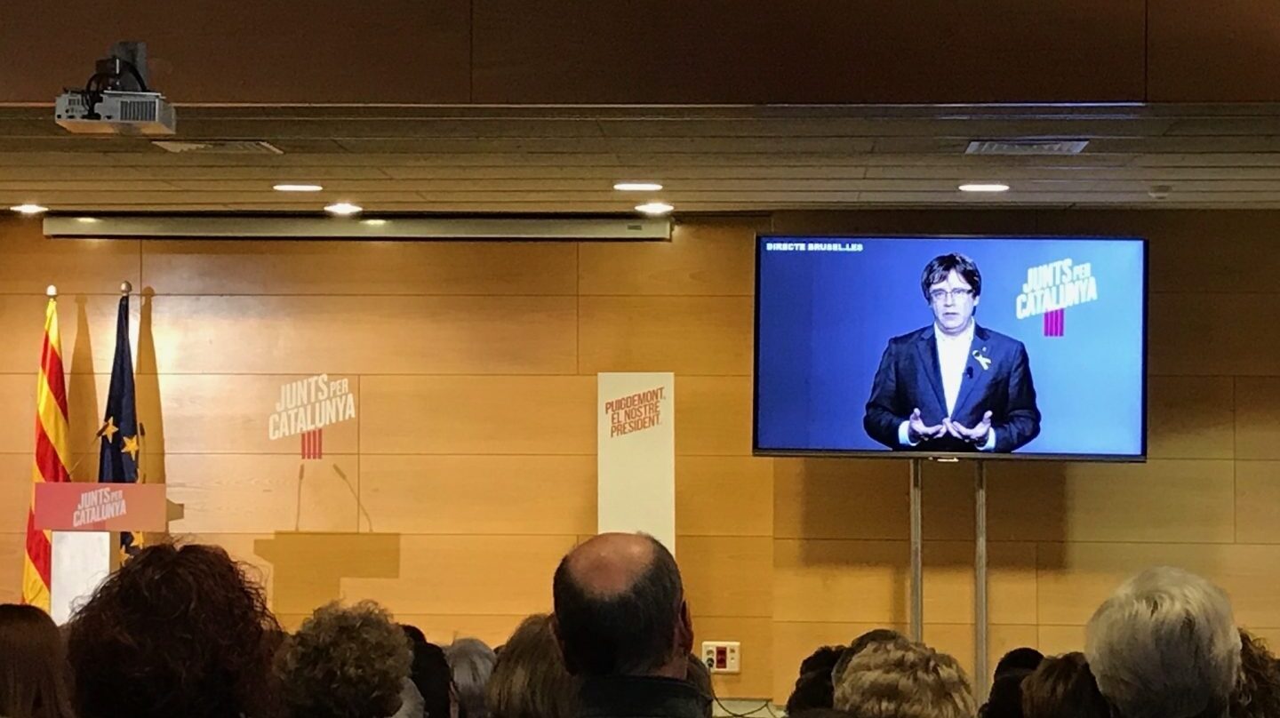 Carles Puigdemont, durante un mitin desde Bruselas.