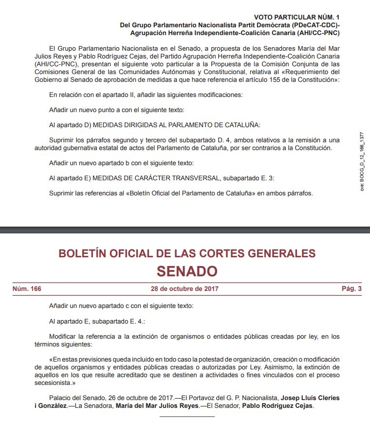 Voto particular de los senadores de Coalición Canaria que elimina los párrafos de control sobre el Parlament.