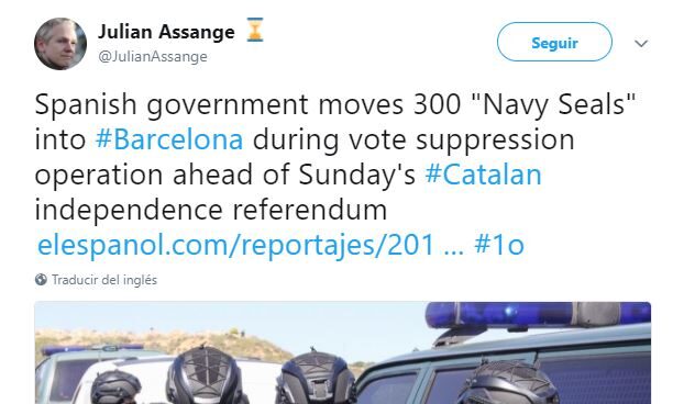Uno de los tweets compartidos por Julian Assange en las horas previas al 1-O.