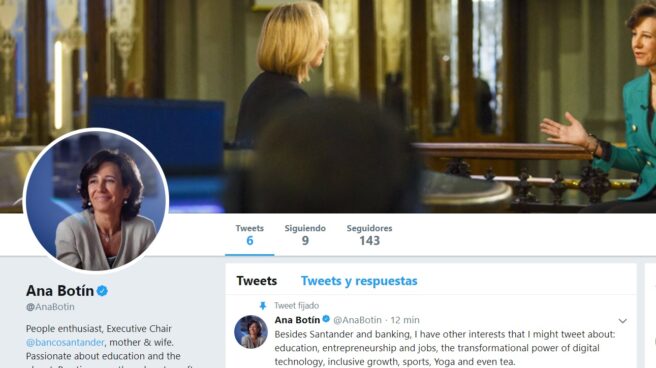 Perfil de Twitter y primer tuit de Ana Botín, presidenta del Santander.