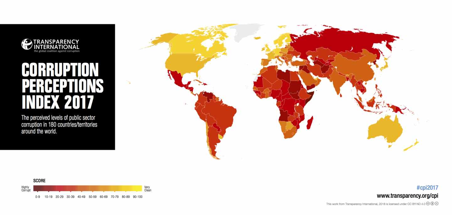 Mapa mundial de corrupción percibida elaborado por Transparencia Internacional.