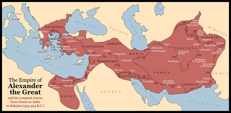 Extensión del imperio macedonio en su época de mayor extensión, en el siglo IV a.C.