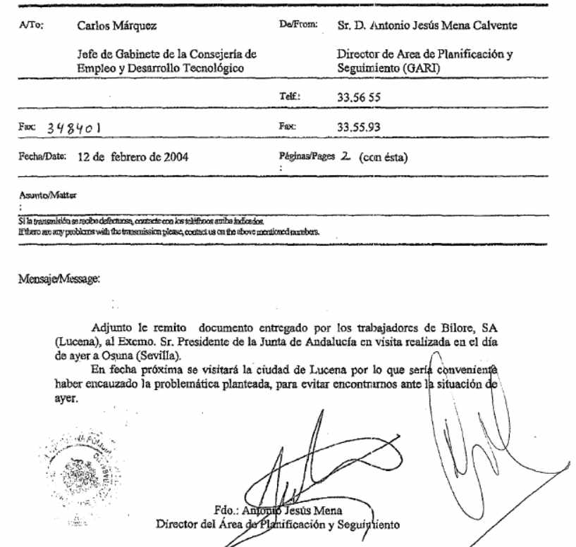 Fax enviado desde la Consejería de Presidencia a la de Empleo en relación a los trabajadores de Bilore.