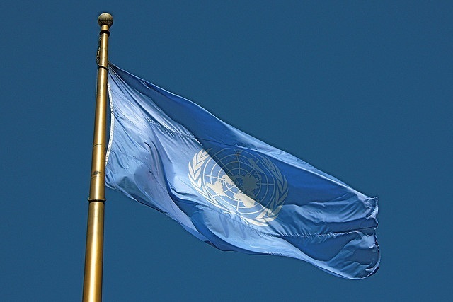 Bandera con el simbolo de la Organizacion de Naciones Unidas (ONU).