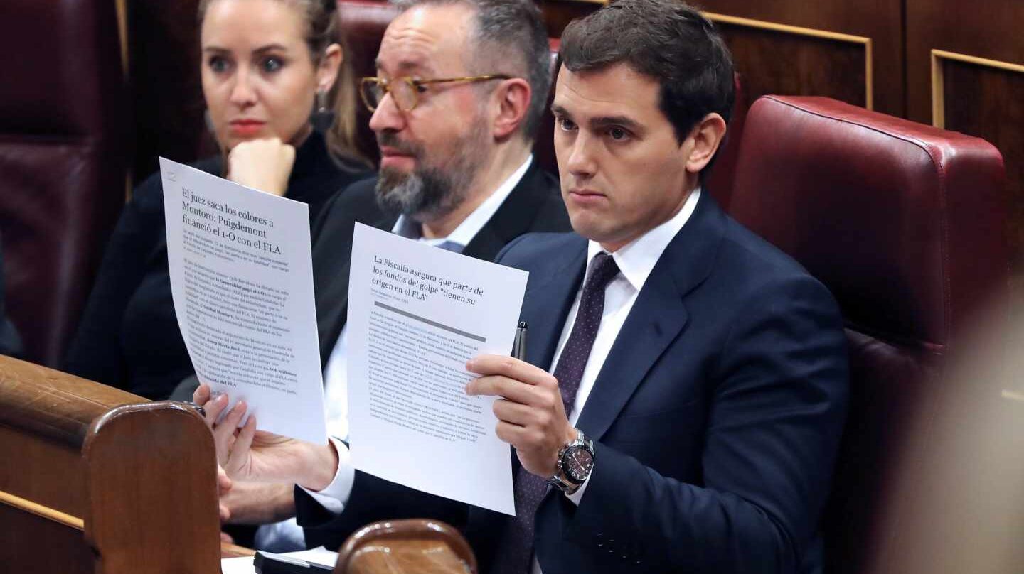 El líder de Ciudadanos, Albert Rivera, durante su intervención hoy en la sesión de control al Gobierno.