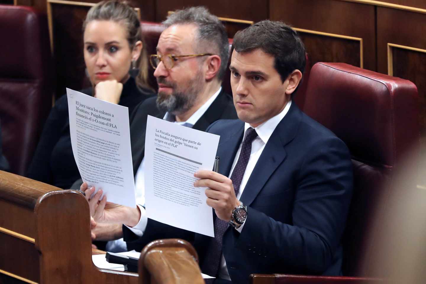 El líder de Ciudadanos, Albert Rivera, durante su intervención hoy en la sesión de control al Gobierno.