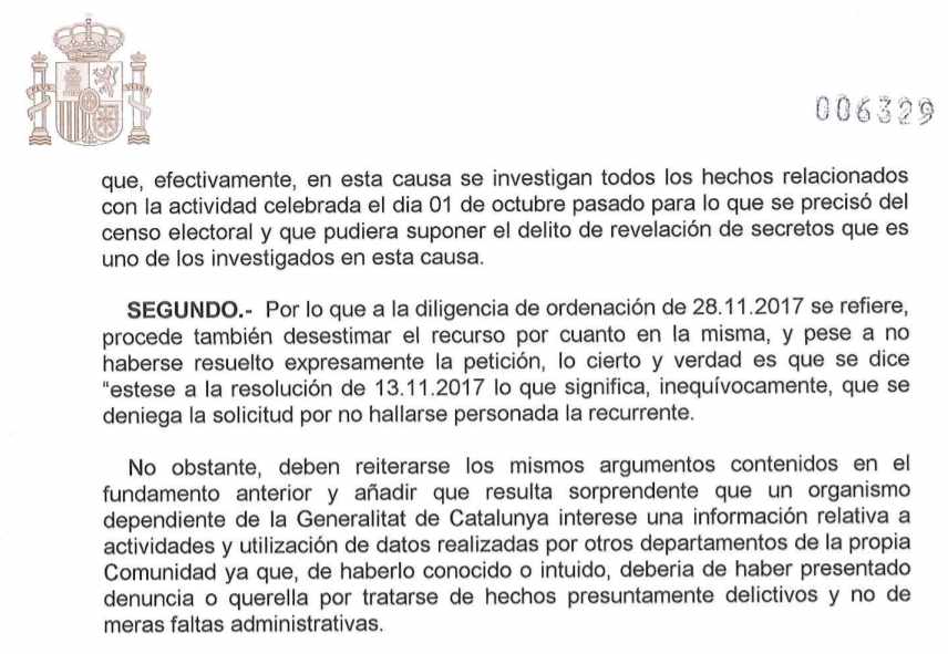 Extracto del auto del juez Ramírez Sunyer en que critica a la Autoridad Catalana de Protección de Datos.