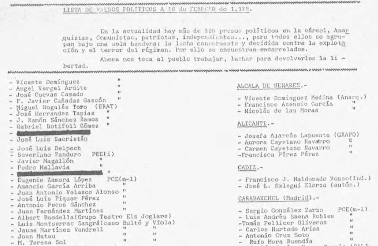Referencia a Rufo Mora Buendía como preso en Carabanchel en febrero de 1979.