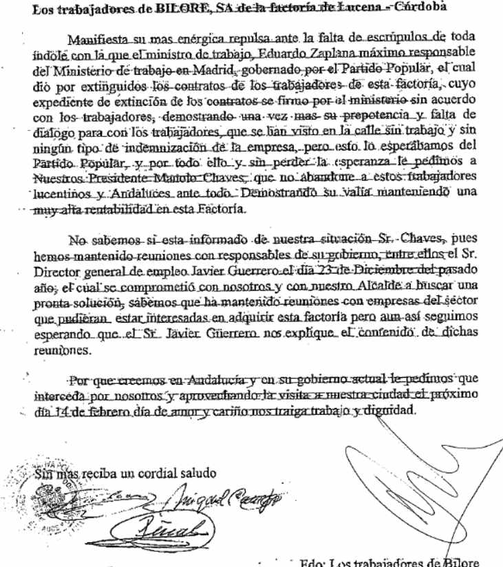 Escrito que los ex trabajadores de Bilore entregaron al gabinete de Chaves.