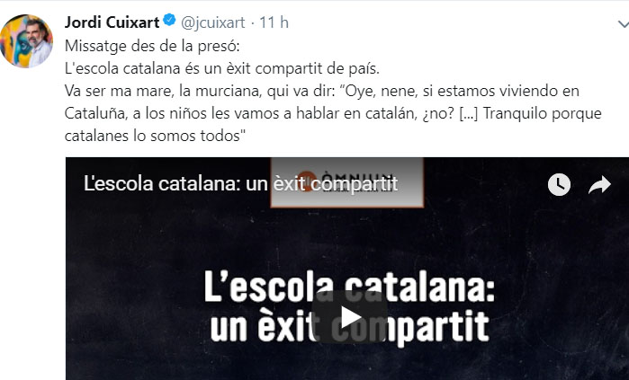 El mensaje de Cuixart en Twitter.