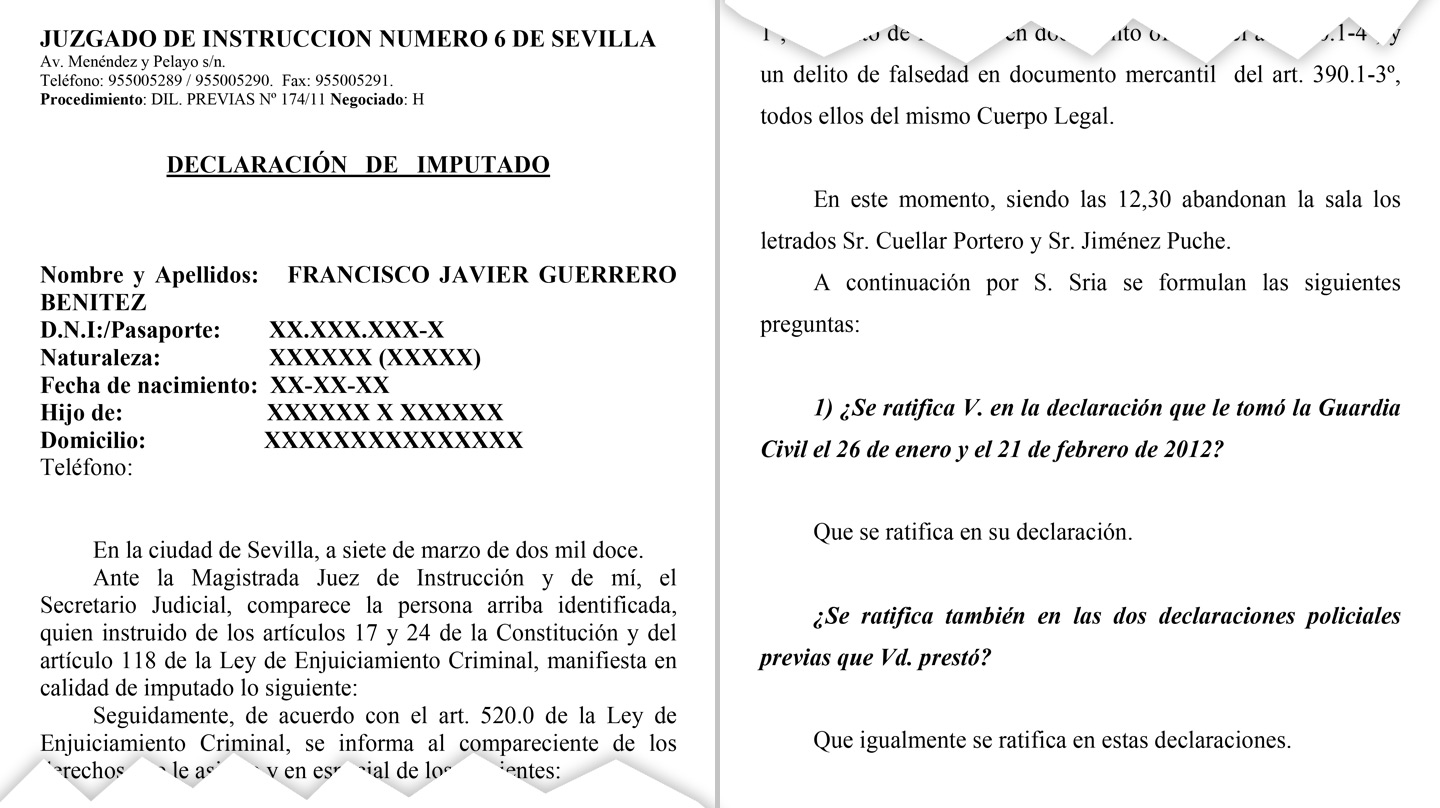 Acta de la declaración de Javier Guerrero ante la juez Alaya el 7 de marzo de 2012, cuando se ratificó de sus declaraciones en sede policial.