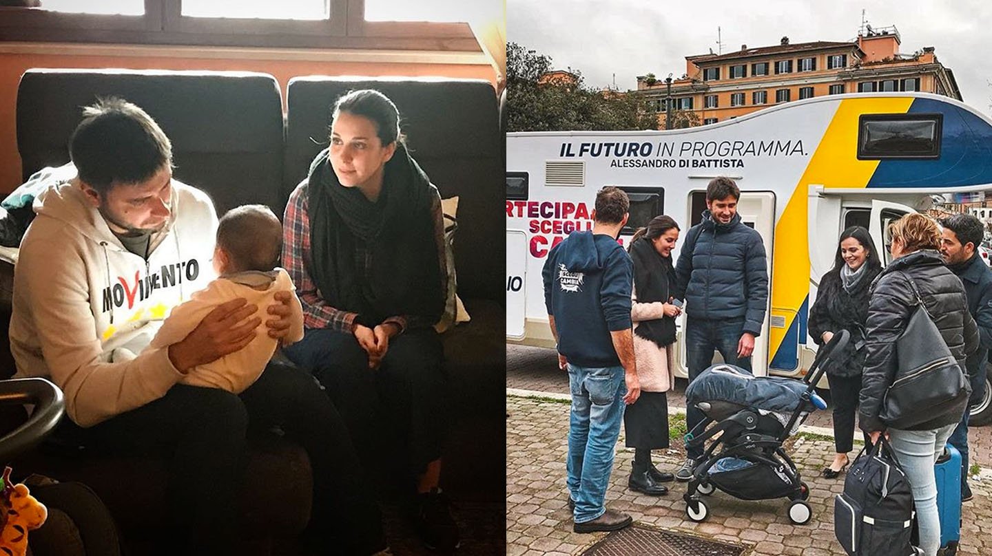 Alessandro Di Battista del Movimiento 5 Estrellas, con su familia y el camper en campaña electoral