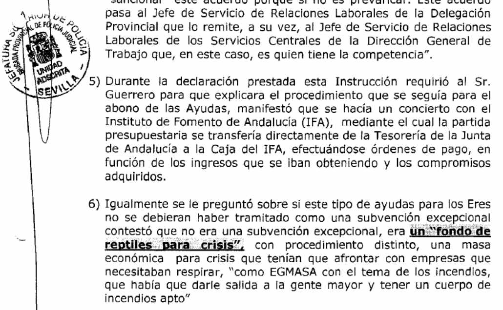 Extracto del informe policial en el que Javier Guerrero describe la partida para los ERE como "fondo de reptiles para crisis".