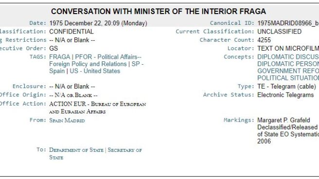 Captura de uno de los cables filtrados por WikiLeaks en relación a Manuel Fraga.