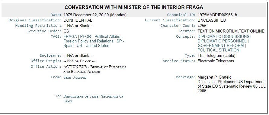 Captura de uno de los cables filtrados por WikiLeaks en relación a Manuel Fraga.