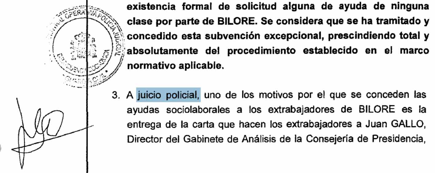 Extracto del atestado policial elaborado por la UCO sobre la ayuda a Bilore.