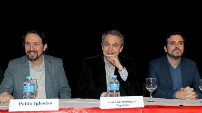 Pablo Iglesias, José Luis Rodríguez Zapatero y Alberto Garzón, en el acto de apoyo a Evo Morales celebrado en Madrid.