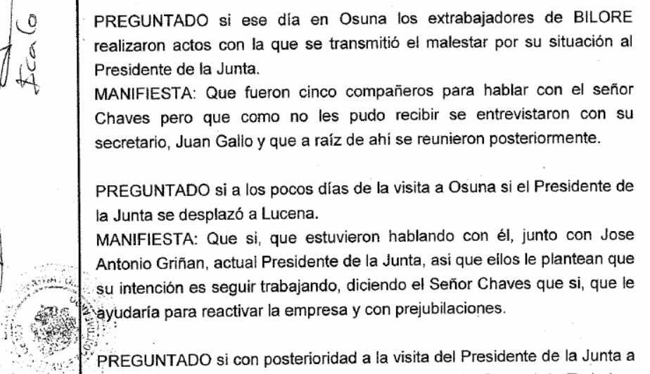 Declaración ante la Guardia Civil de uno de los ex trabajadores de Bilores sobre el encuentro con Chaves.